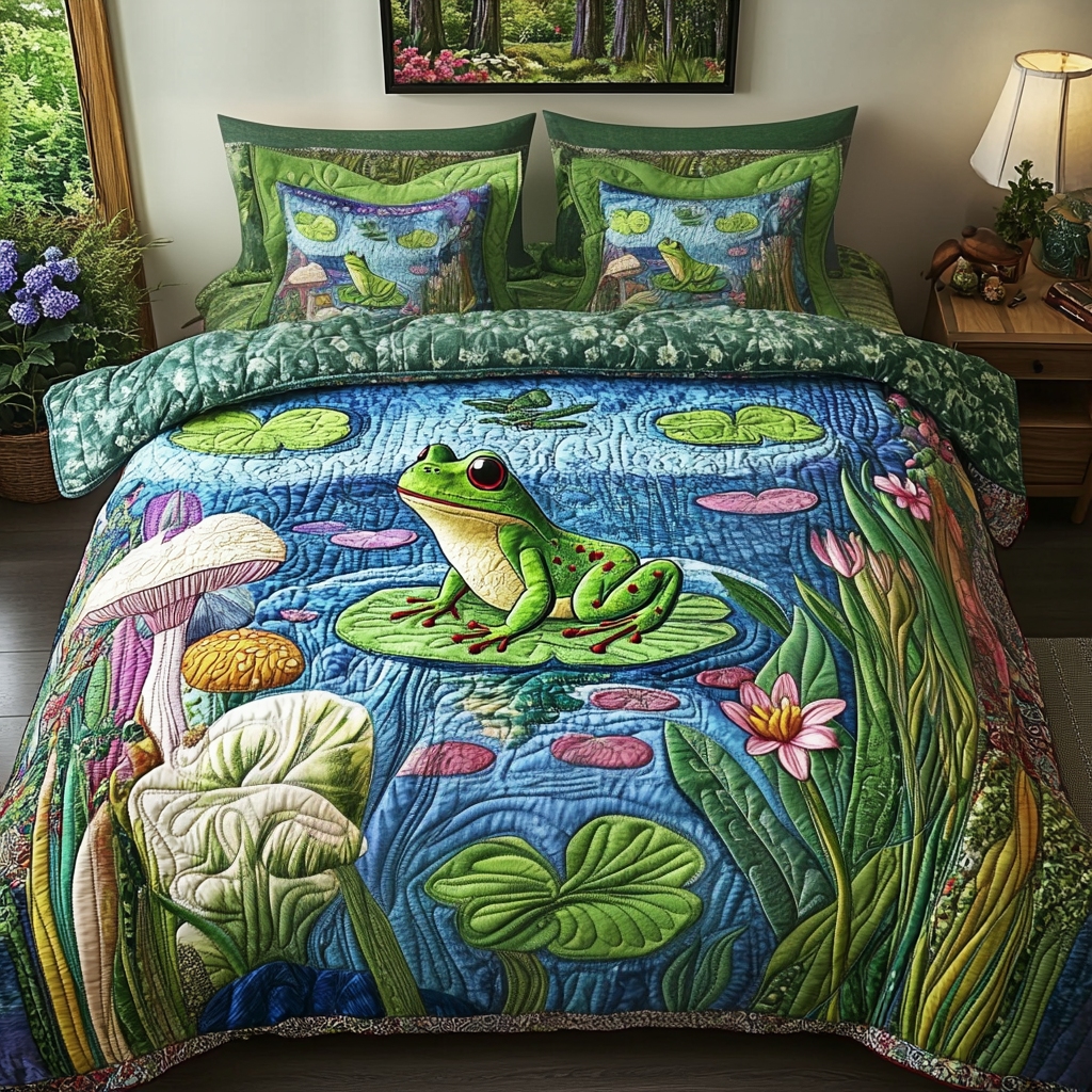 Froggy Dreams Quilted Bedding Set Bed Decorations Cute Frog Gifts Merchandise