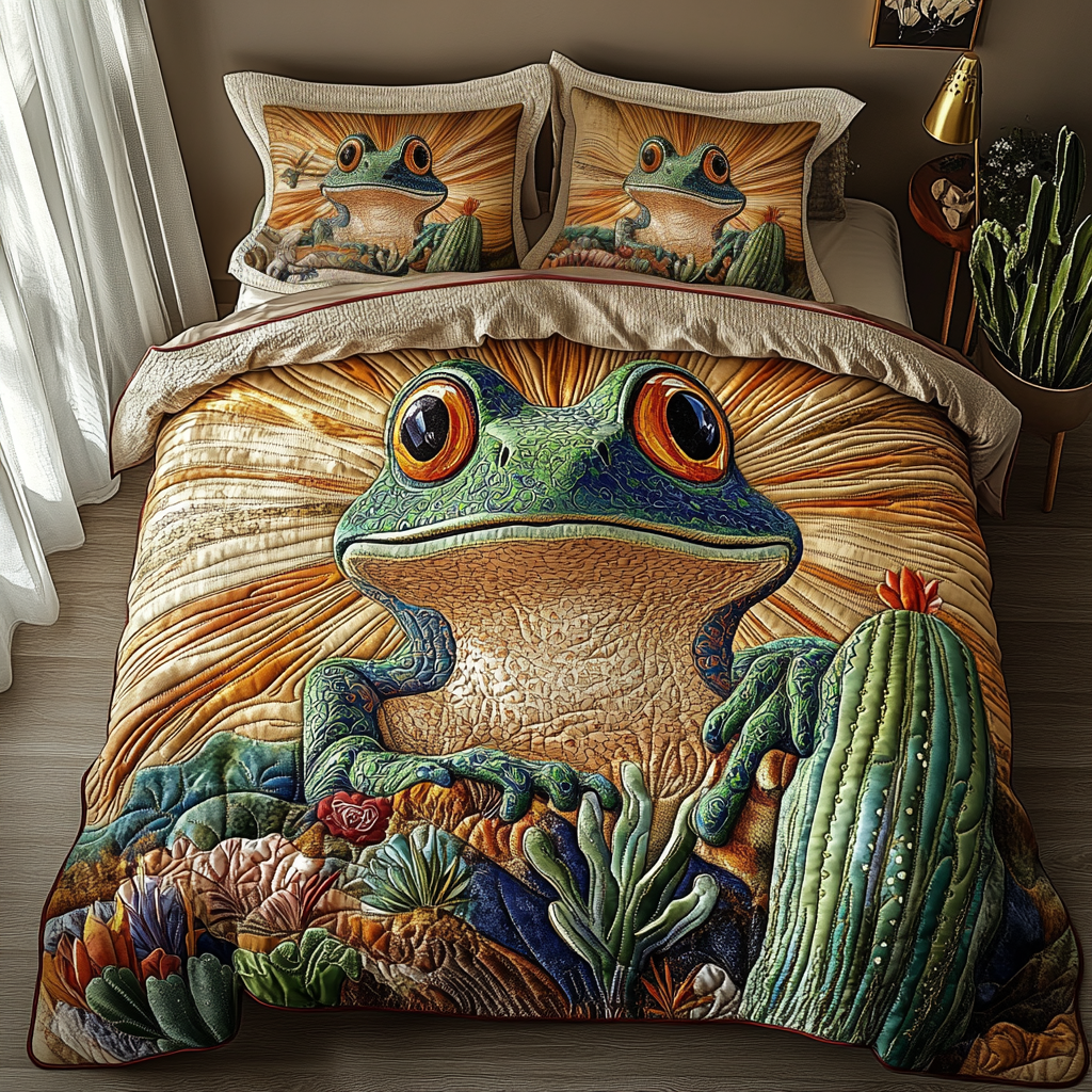 Frogs Cacti Quilted Bedding Set Best Bedspread Set Frog Gifts For Men