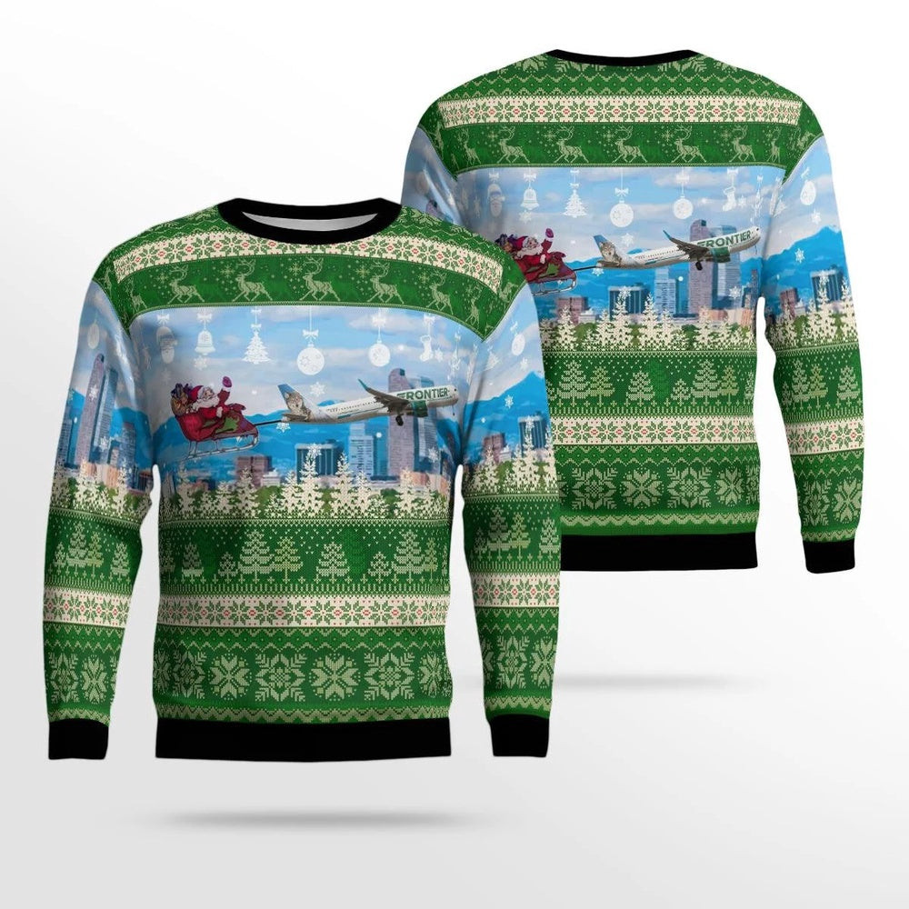 Frontier Airlines Airbus A321211 With Santa Over Denver Christmas AOP Ugly Sweater Xmas Unisex Sweater Christmas Gifts For Men Women