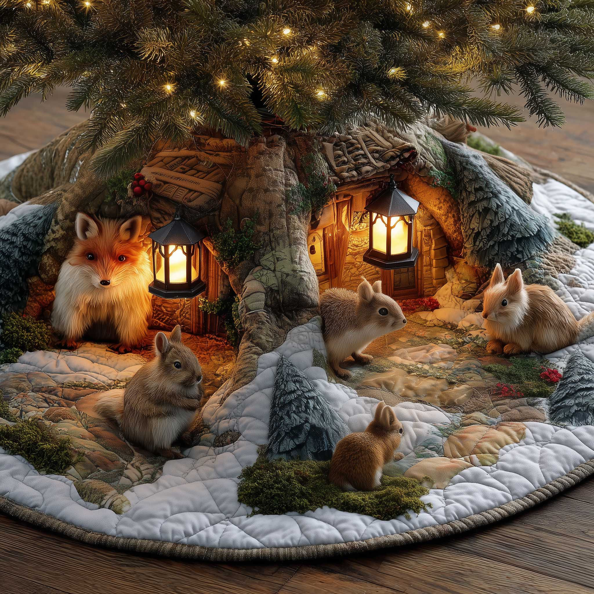 Frost Animal Christmas Quilted Tree Skirt Xmas Tree Surround Decor Cute Animal Themed Gifts