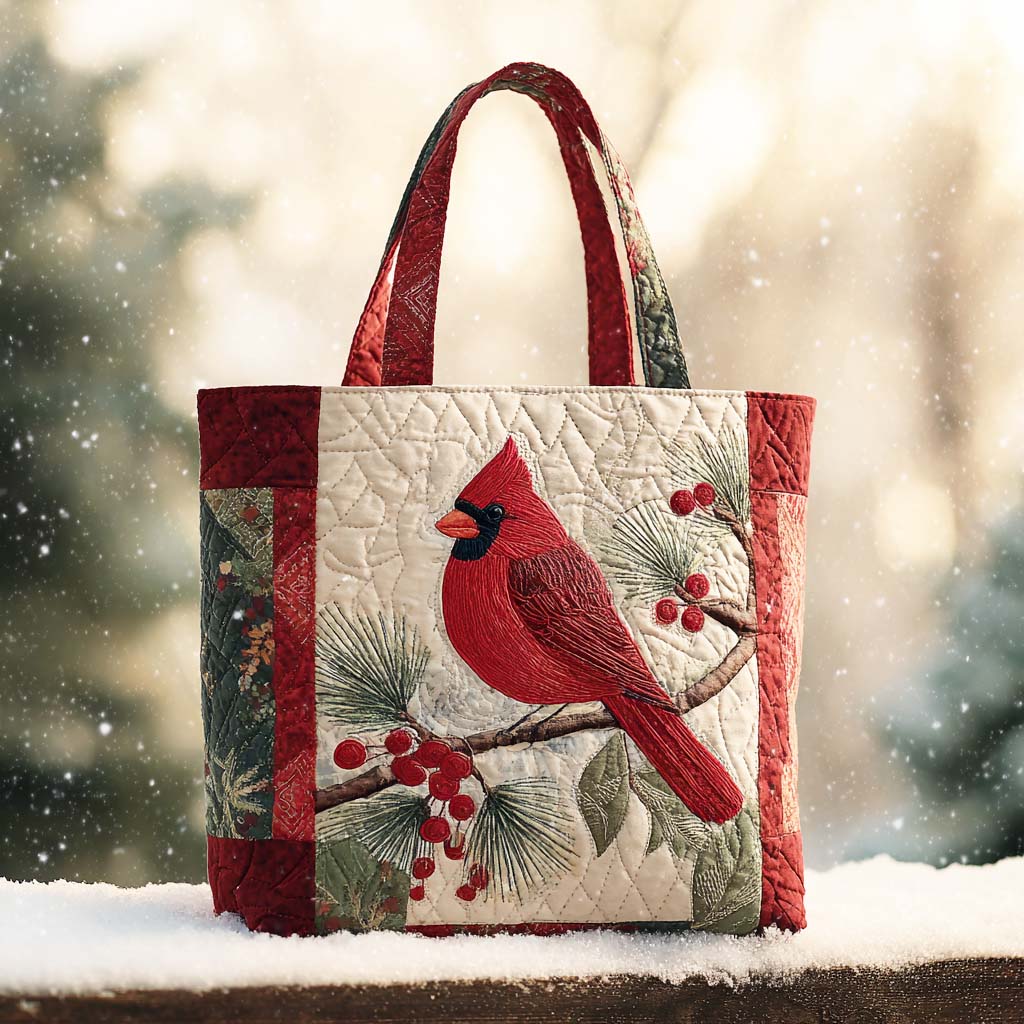 Frost Cardinal Quilted Tote Bag Unique Cardinal Bird Gifts