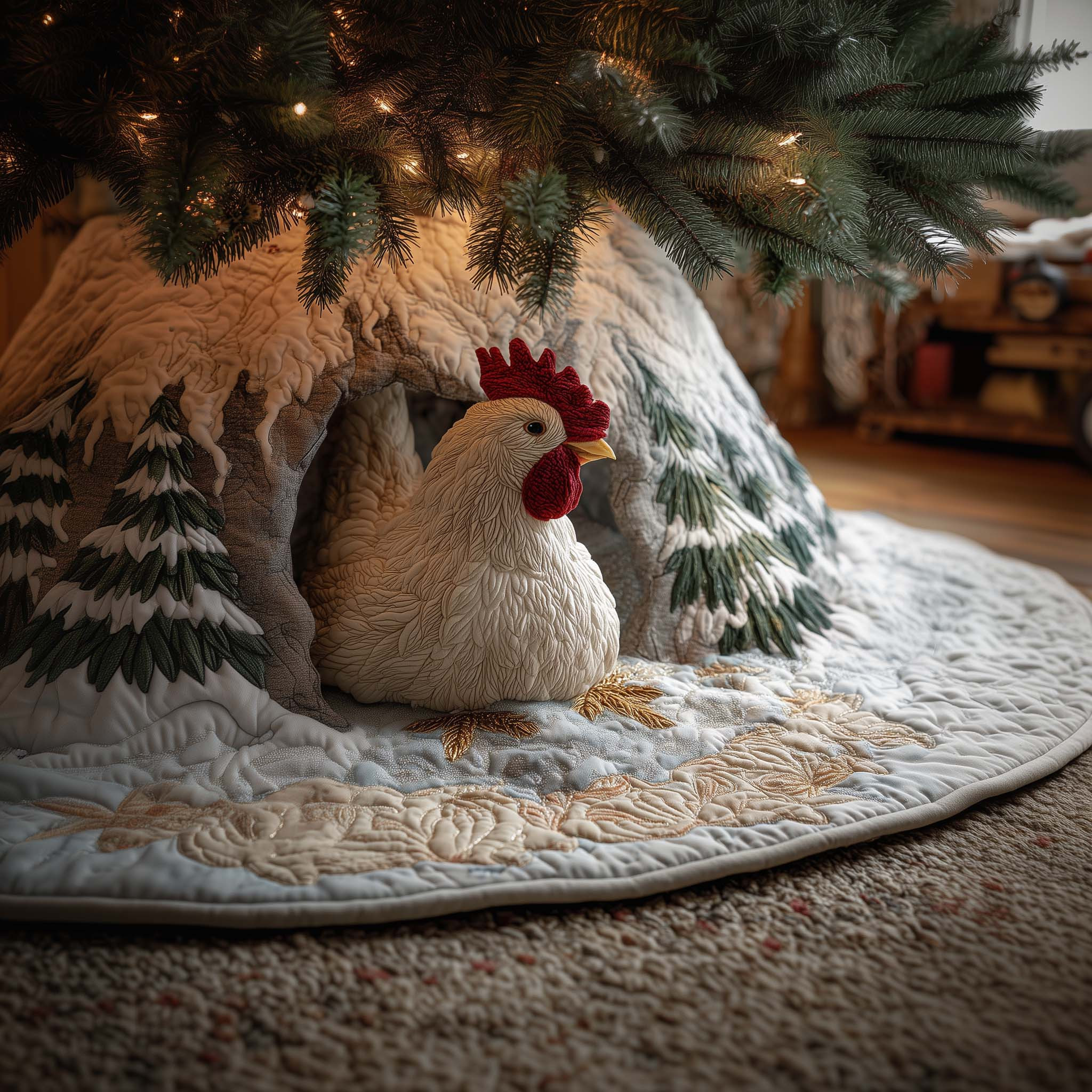Frost Chicken Christmas Quilted Tree Skirt Cozy Xmas Tree Surround Chicken Inspired Gifts