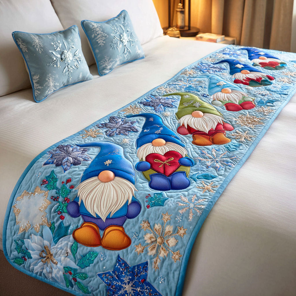 Frost Gnome Glow Quilted Bed Runner Holiday Bed Runner Family Xmas Presents