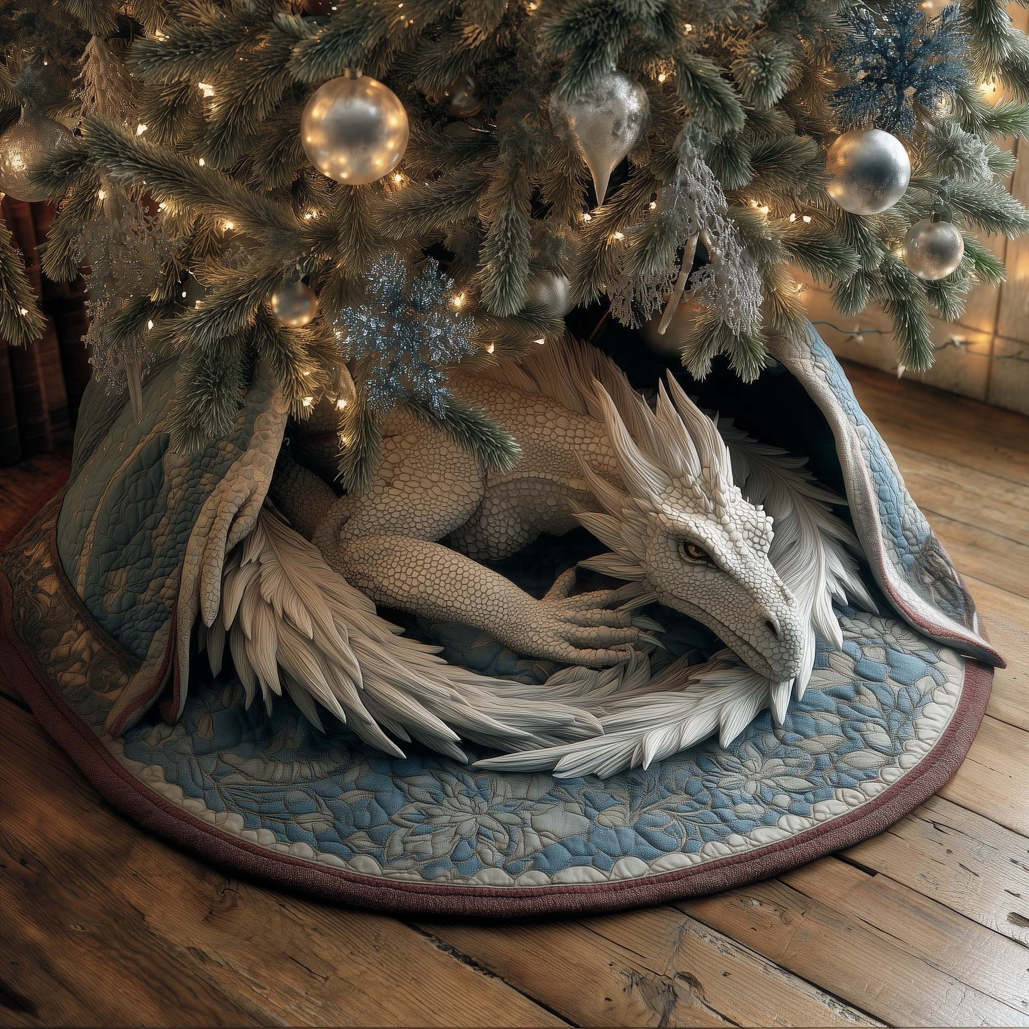 Frost Guardian Dragon Quilted Tree Skirt Fantasy Home Decor Christmas Gifts For Dragon Lovers