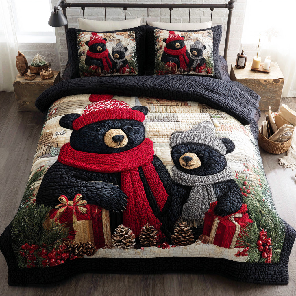 Frost Pine Bear Quilted Bedding Set Holiday Season Duvet Cover Set Family Xmas Gift Ideas