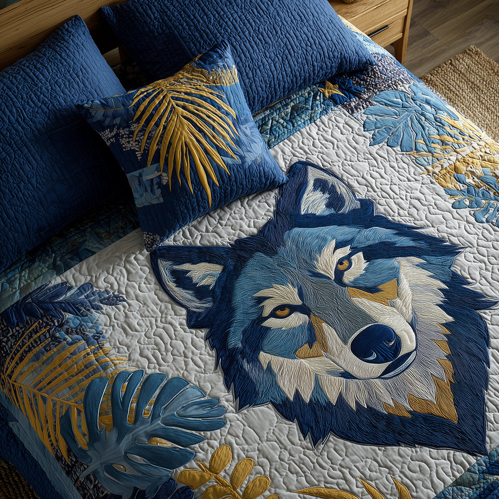 Frost Wolf Quilted Bedding Set Aesthetic Room Decor Best Wolf Gifts For Dad