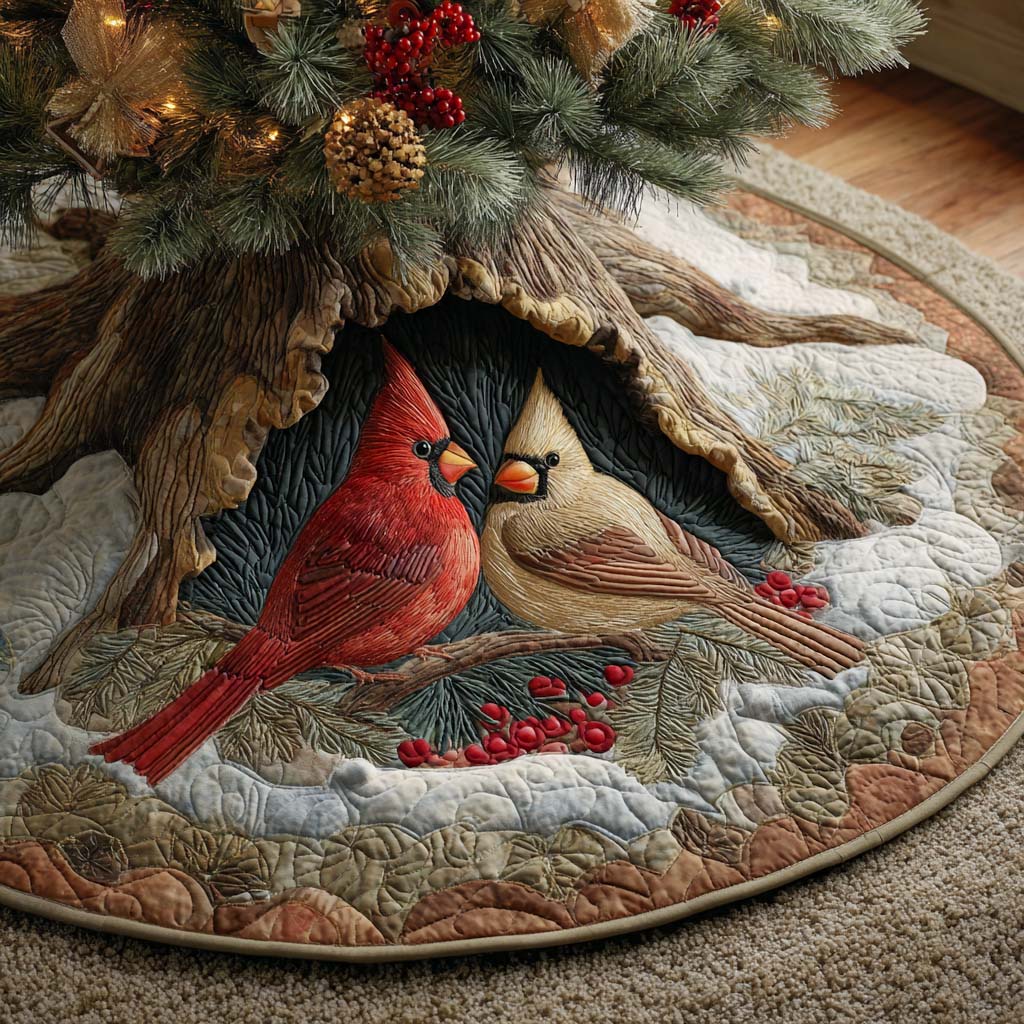 Frosted Branch Harmony Quilted Tree Skirt Xmas Tree Cover Base Red Cardinal Gift Items