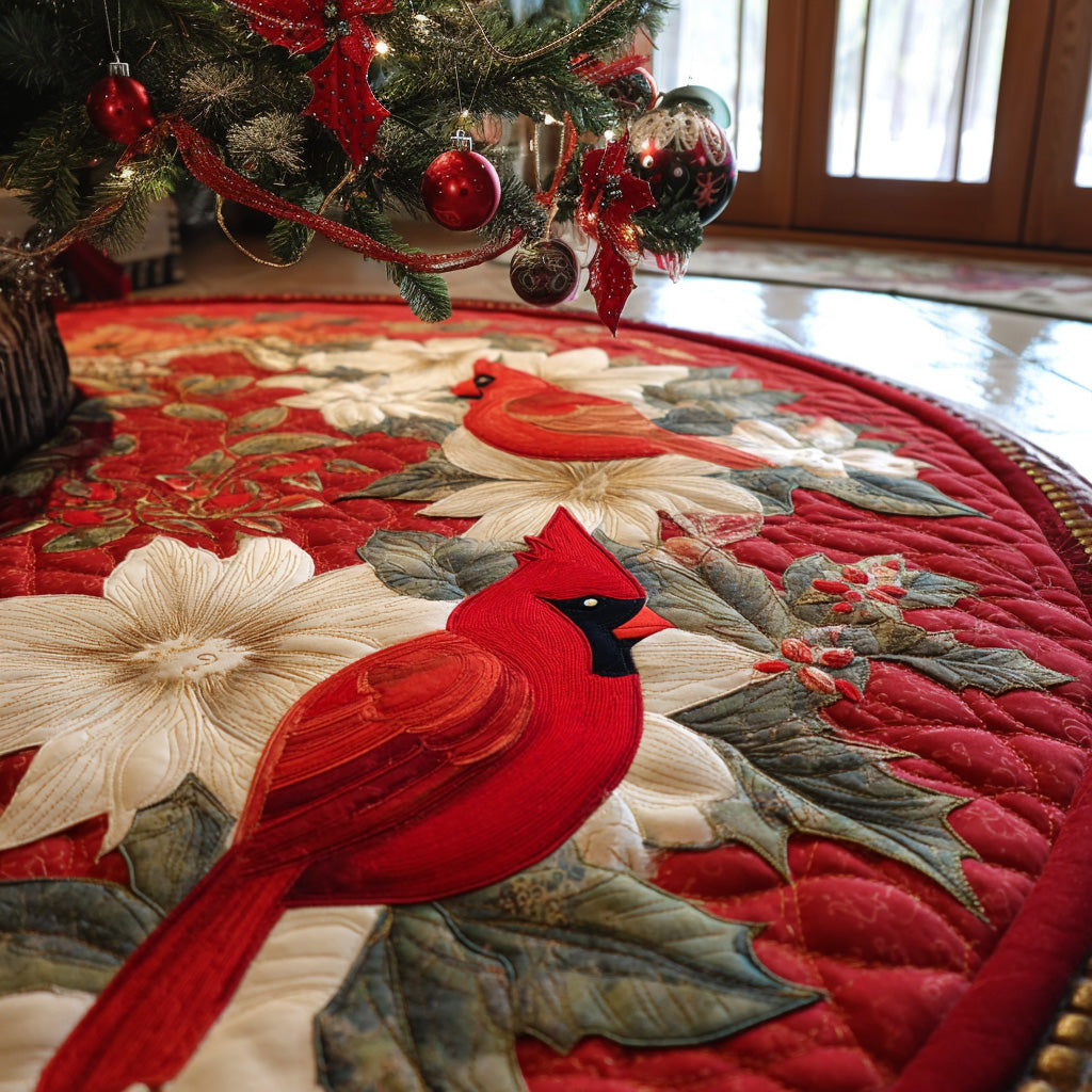 Frosted Cardinal Quilted Christmas Tree Skirt Holiday Decor Gifts For Cardinal Lovers