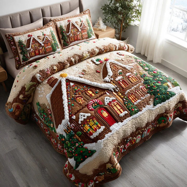 Frosted Cookie Town 3-Piece Quilted Bedding Set Christmas Gingerbread Bedspread Best Xmas Gift