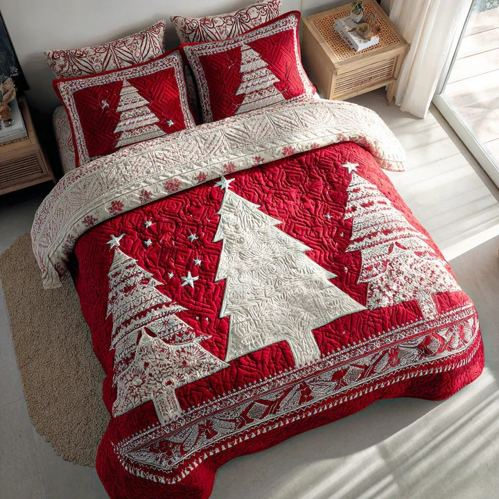 Frosted Evergreen 3-Piece Quilted Bedding Set Winter Christmas Holiday Bedspread Best Xmas Gift