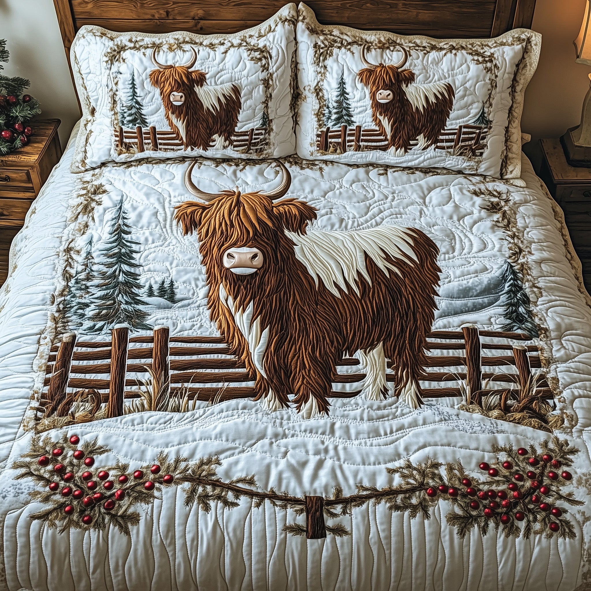 Frosted Farm Friend Quilted Bedding Set Duvet Cover Merchandise Highland Cow Presents