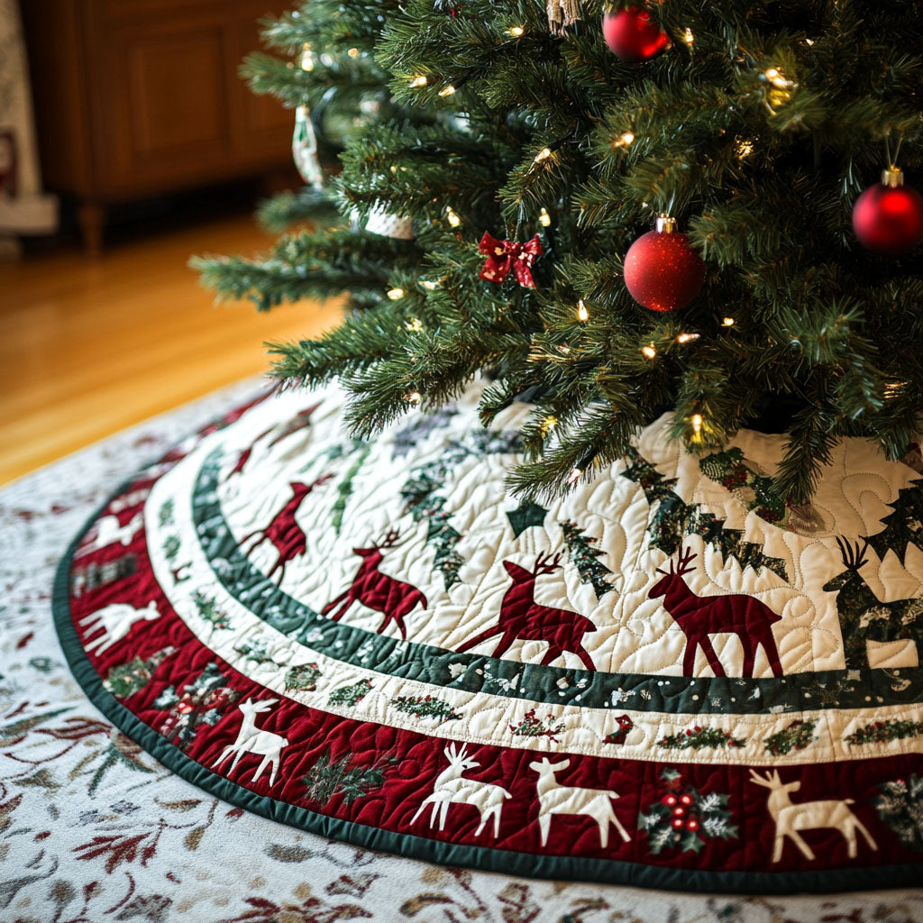 Frosted Forest Gathering Quilted Christmas Tree Skirt Family Holiday Gathering Decor