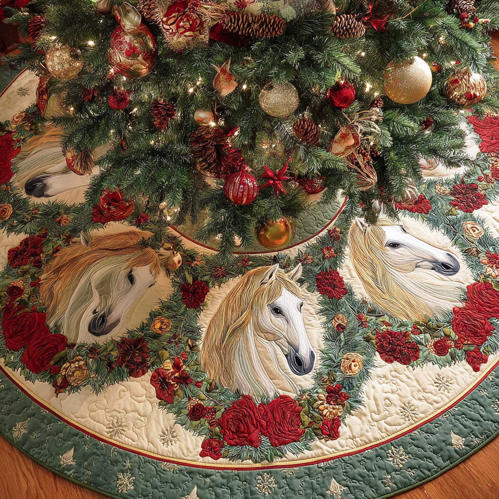 Frosted Mane Journey Christmas Quilted Tree Skirt Animal Design Christmas Gifts For Horse Owners
