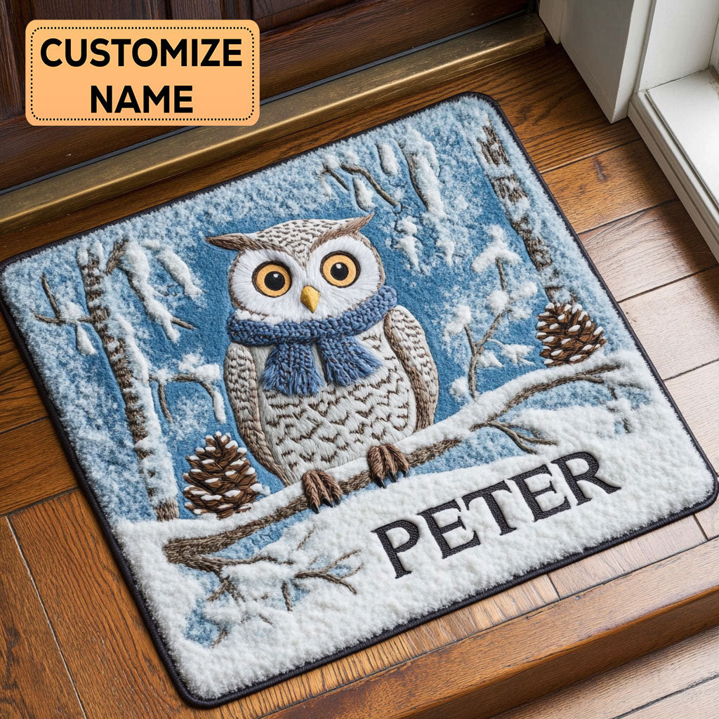 Frosted Owl Welcome Custom Personalized Doormat Best Gift For Friends and Family on Christmas Day