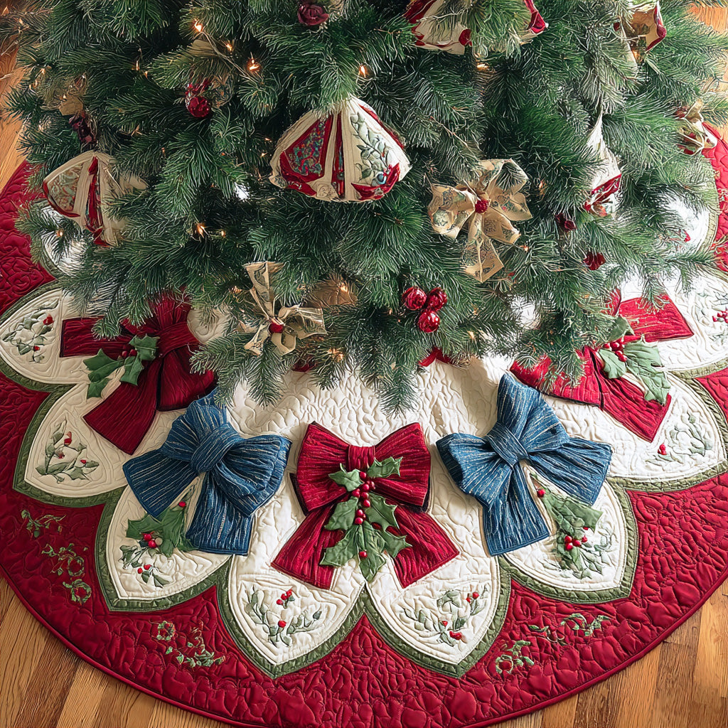 Frosted Ribbon Charm Christmas Quilted Tree Skirt Unique Quilted Tree Skirt Gift for Loved Ones