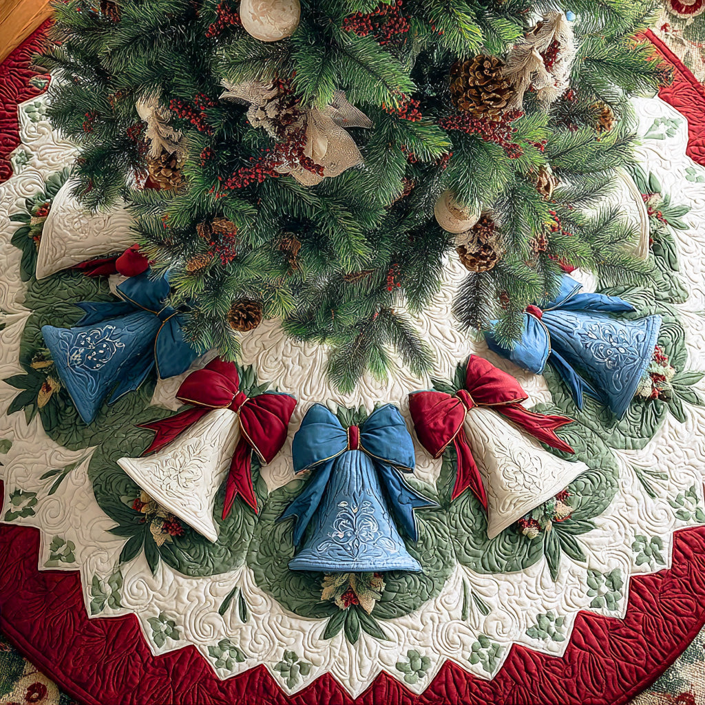 Frosted Ribbon Glow Christmas Quilted Tree Skirt Thoughtful Holiday Gift with Quilted Tree Skirt