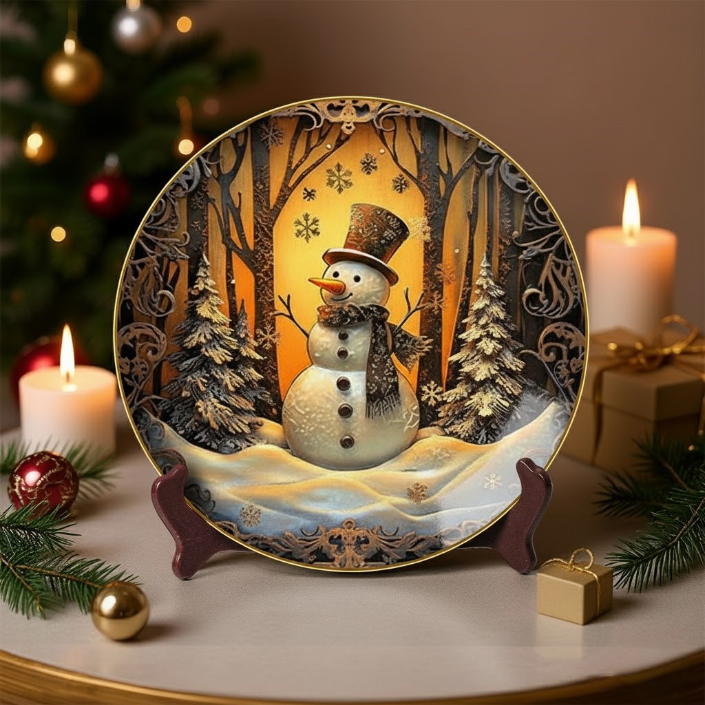 Frosted Snowman And Pine Tree Christmas Ceramic Plate Winter Holiday Decorative Presents