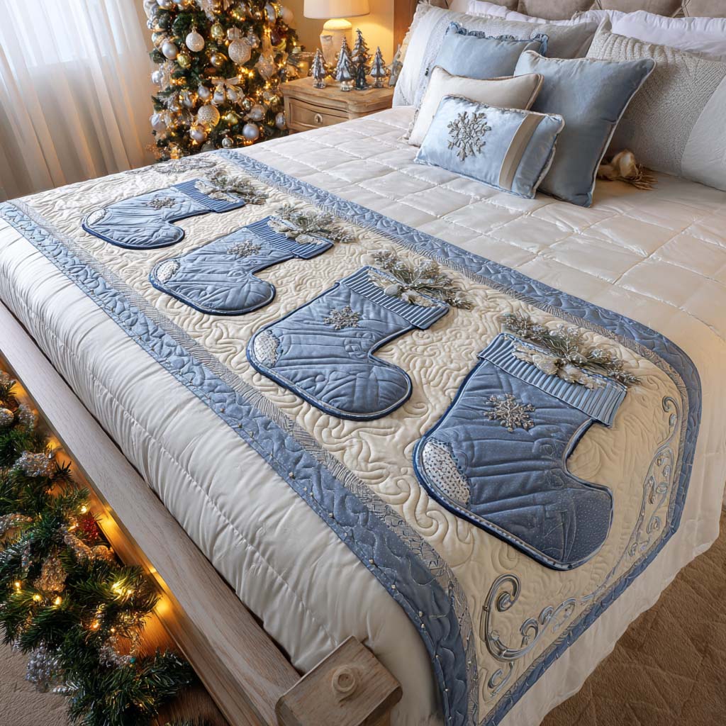 Frosted Stockings Quilted Bed Runner Christmas Bedroom Decor Christmas Gifts