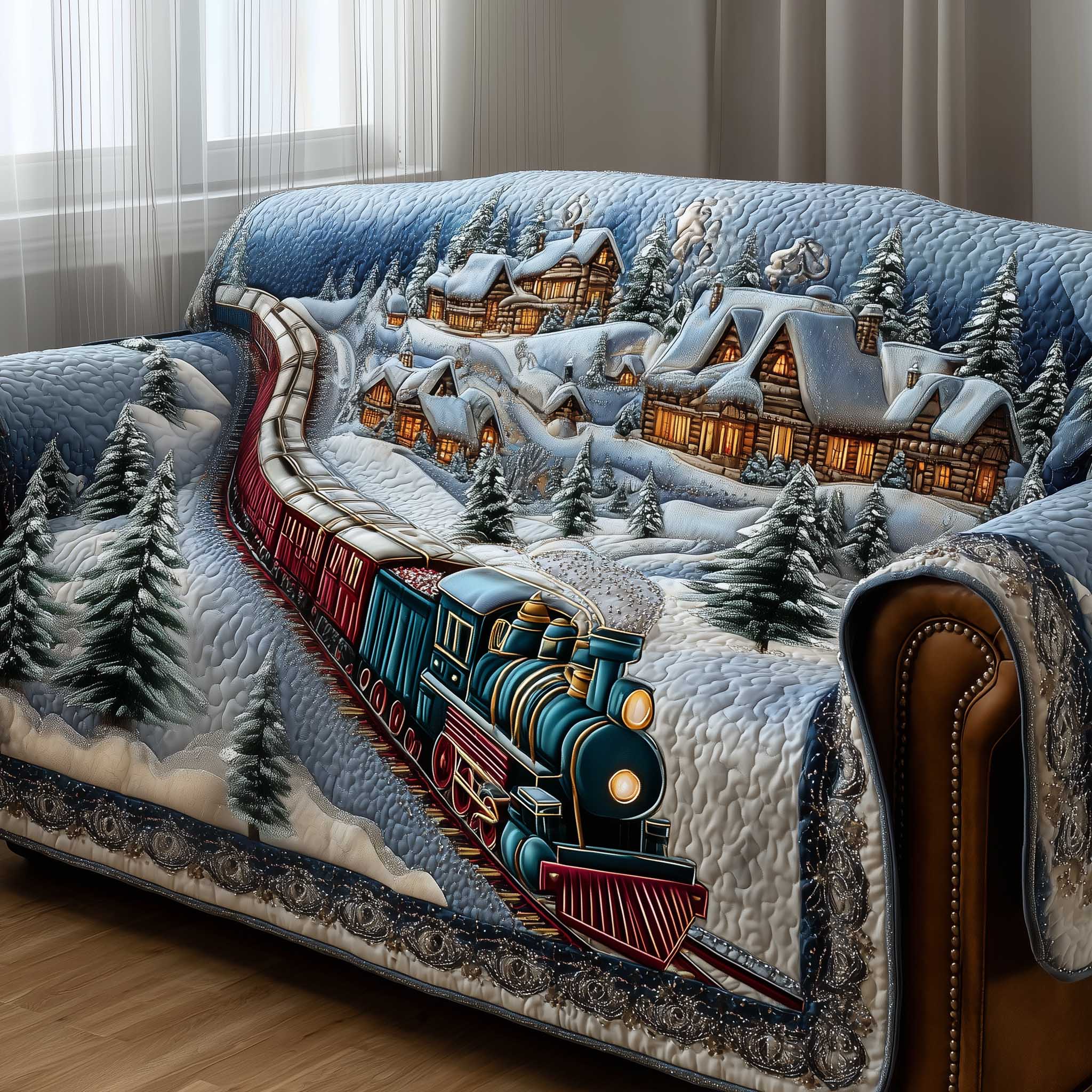 Frosted Townscape Quilted Sofa Cover Icy Winter Village Scene Train Gifts Christmas For Adults