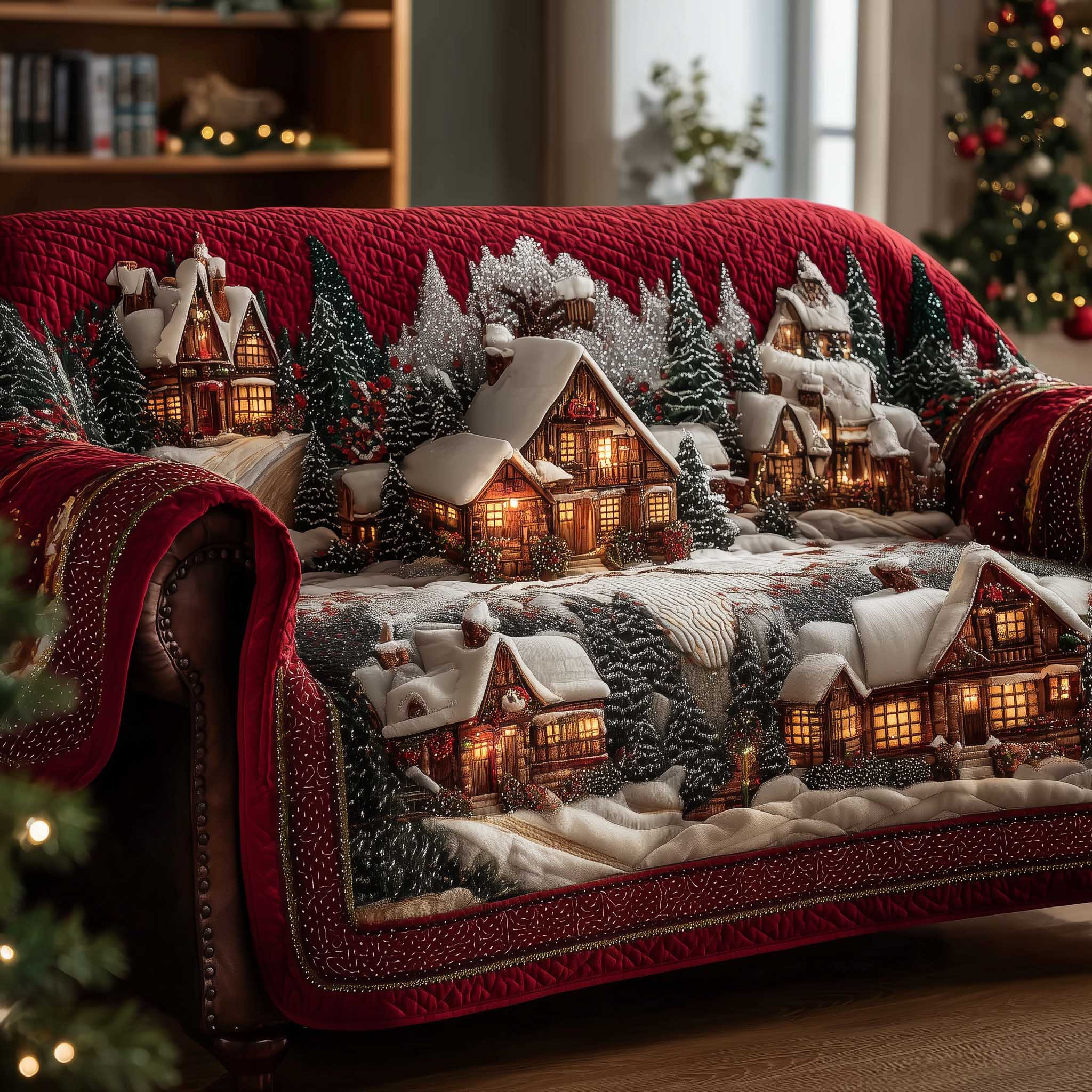 Frosted Townscape Quilted Sofa Cover Snow Covered Townscape Elegant Christmas Throws For Sofa