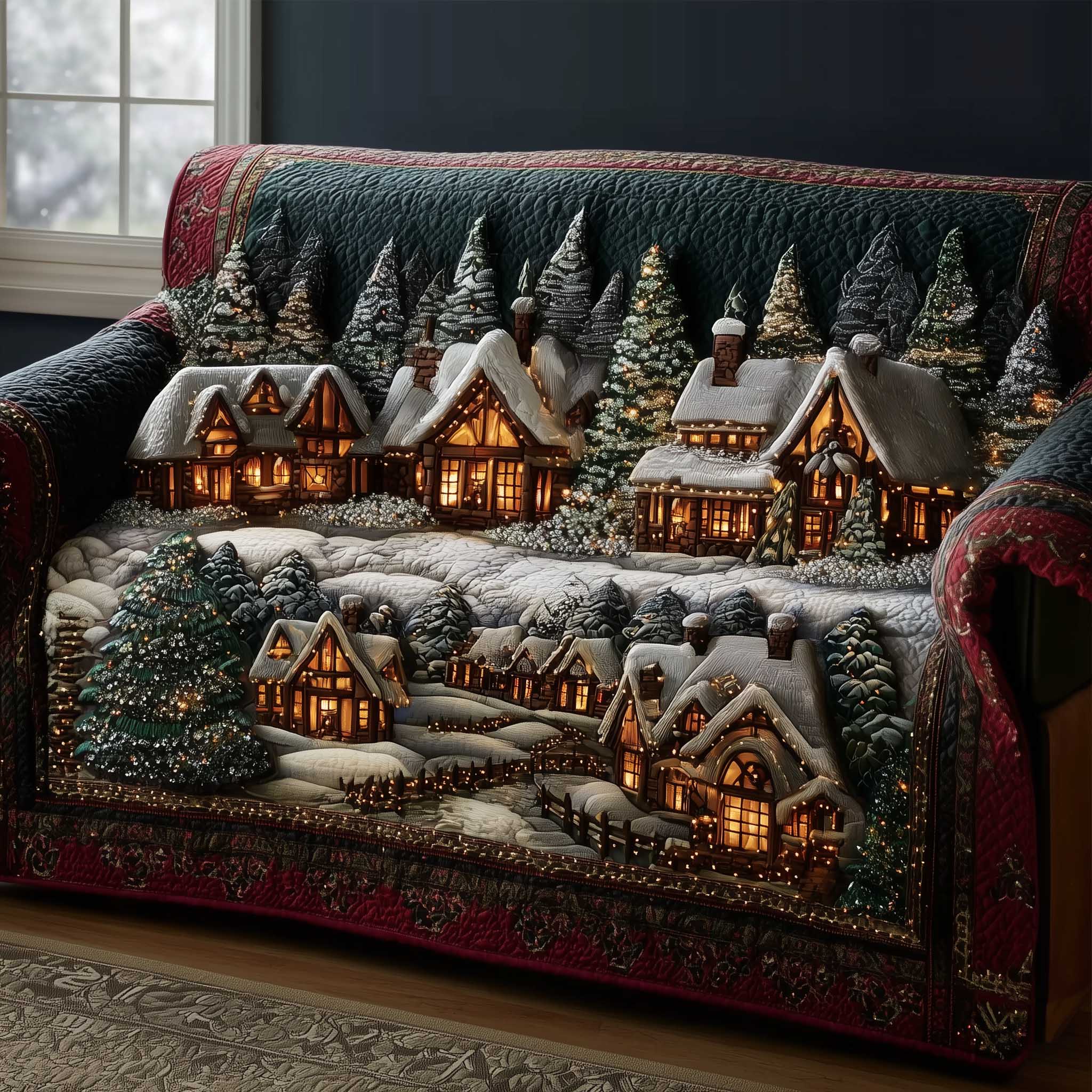 Frosted Townscape Quilted Sofa Cover Snowy Cityscape Design Accent Gifts For House Warming