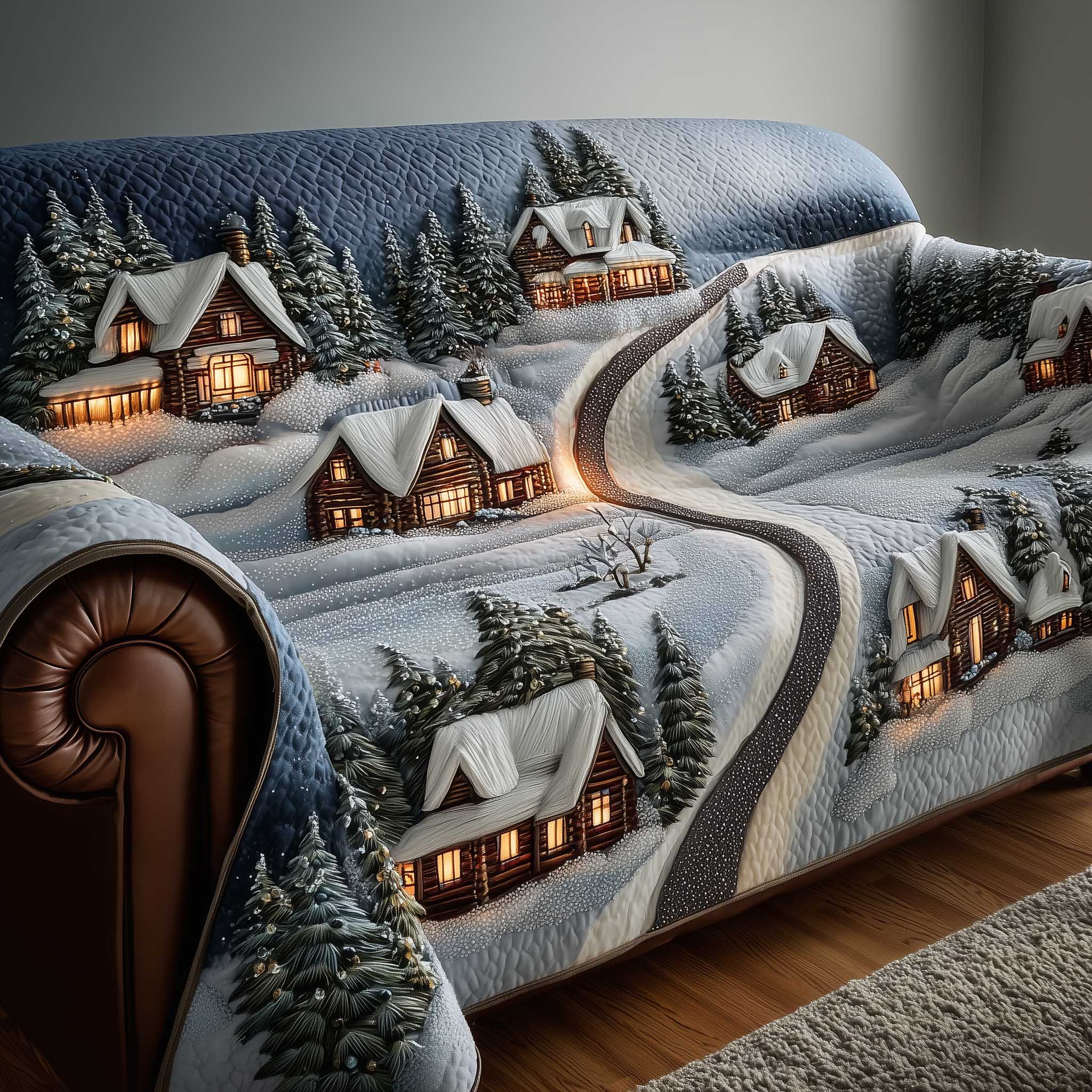 Frosted Townscape Quilted Sofa Cover Winter Town Buildings Gifts For House Warming