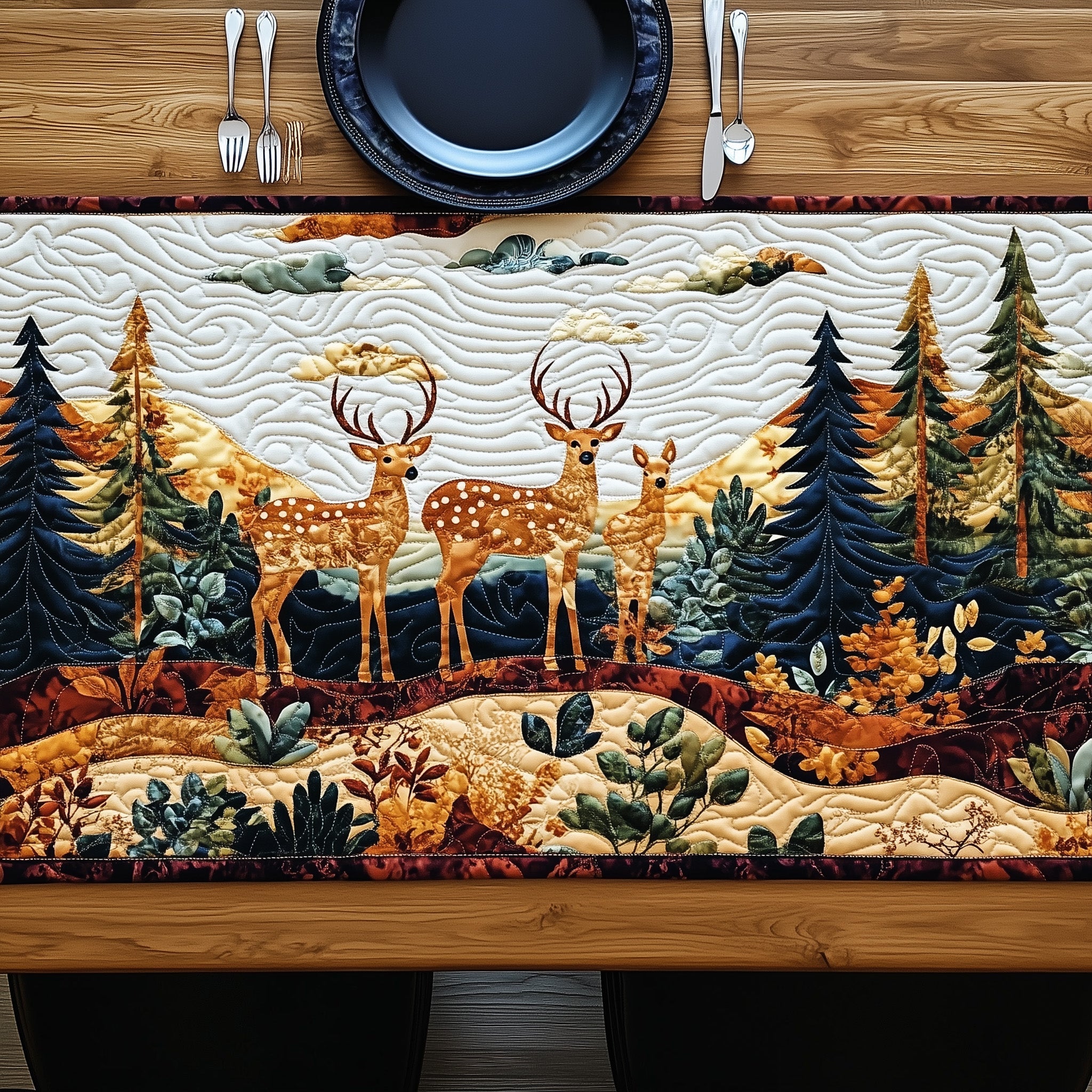 Frosted Woodland Whispers Quilted Table Runner Holiday Table Runner for Kitchen Decor