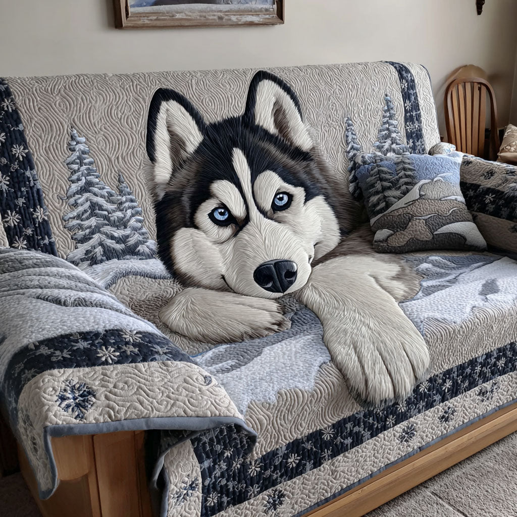 Frostwind Husky Quilted Sofa Cover Living Room Winter Decor Christmas Presents For Dog Lovers