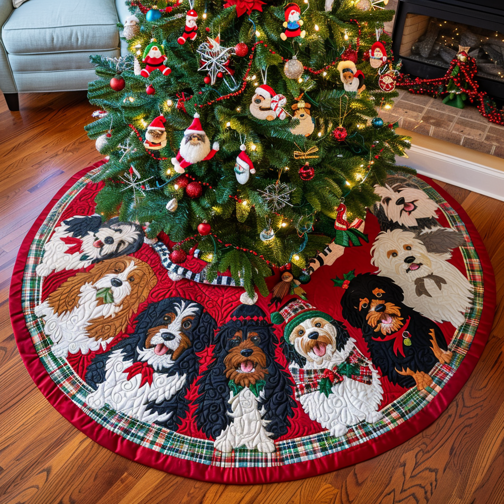 Frosty Bernedoodle Wonderland Christmas Quilted Tree Skirt Warm And Cozy Holiday Decor Christmas Tree Decor