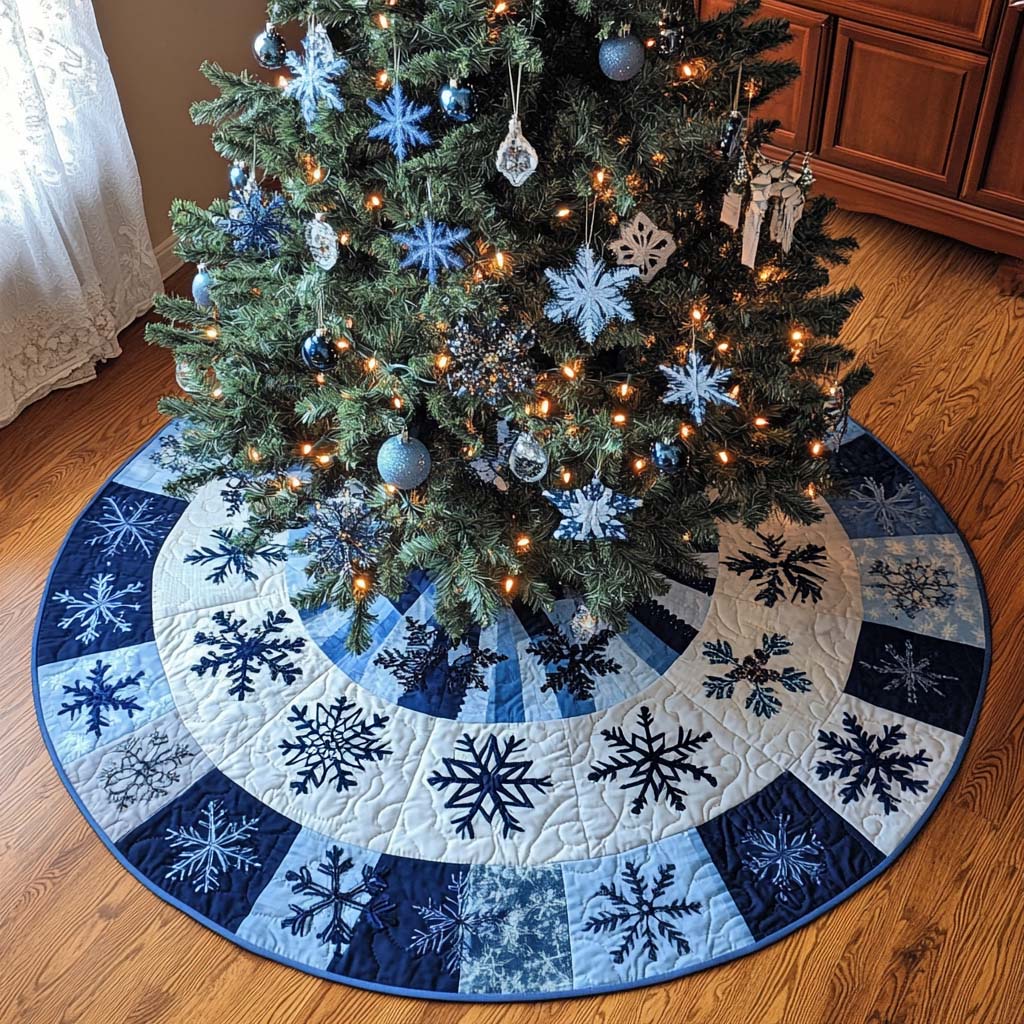 Frosty Blues Christmas Quilted Tree Skirt Warm and Soft Christmas Tree Skirt for Winter
