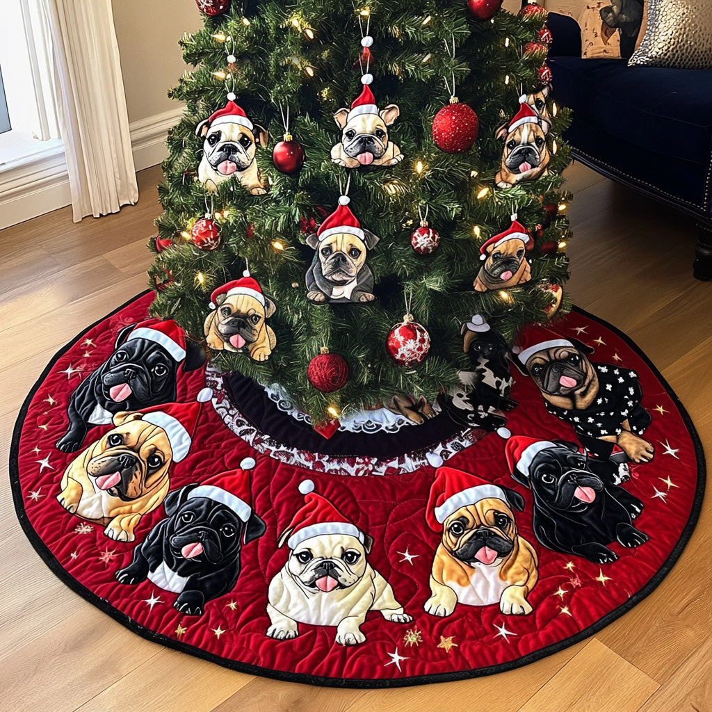 Frosty Bulldog Quilted Christmas Tree Skirt Festive Christmas Tree Skirt for Holiday Decor