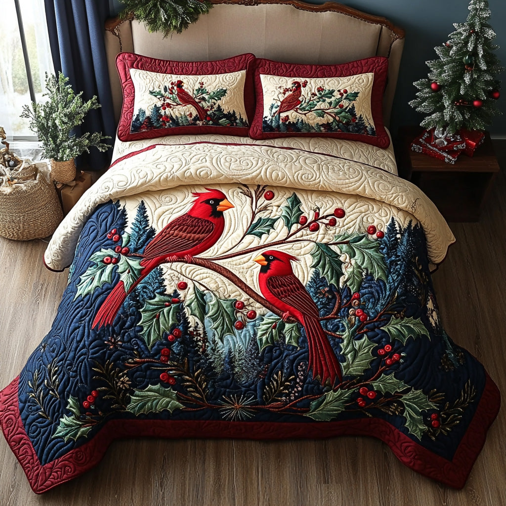 Frosty Cardinals Quilted Bedding Set Bed Decor Red Cardinal Gifts Ideas