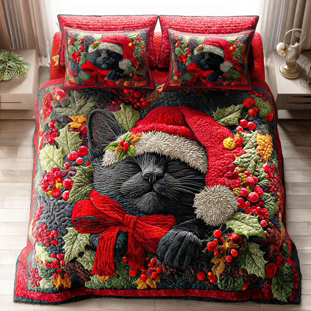 Frosty Cat Charm Quilted Bedding Set Holiday Duvet Cover Set Black Cat Themed Gifts
