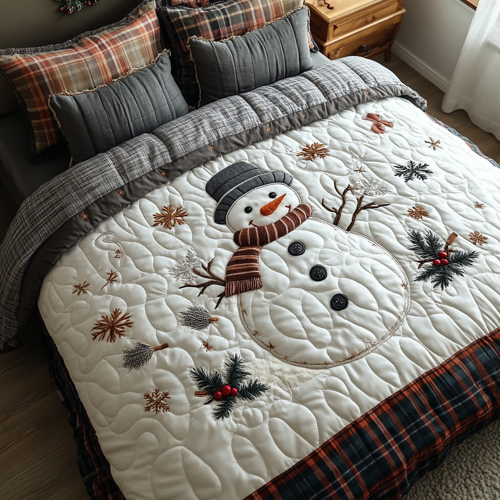 Frosty Charm Quilted Bedding Set Xmas Holiday Duvet Cover Set Snowman Christmas Presents