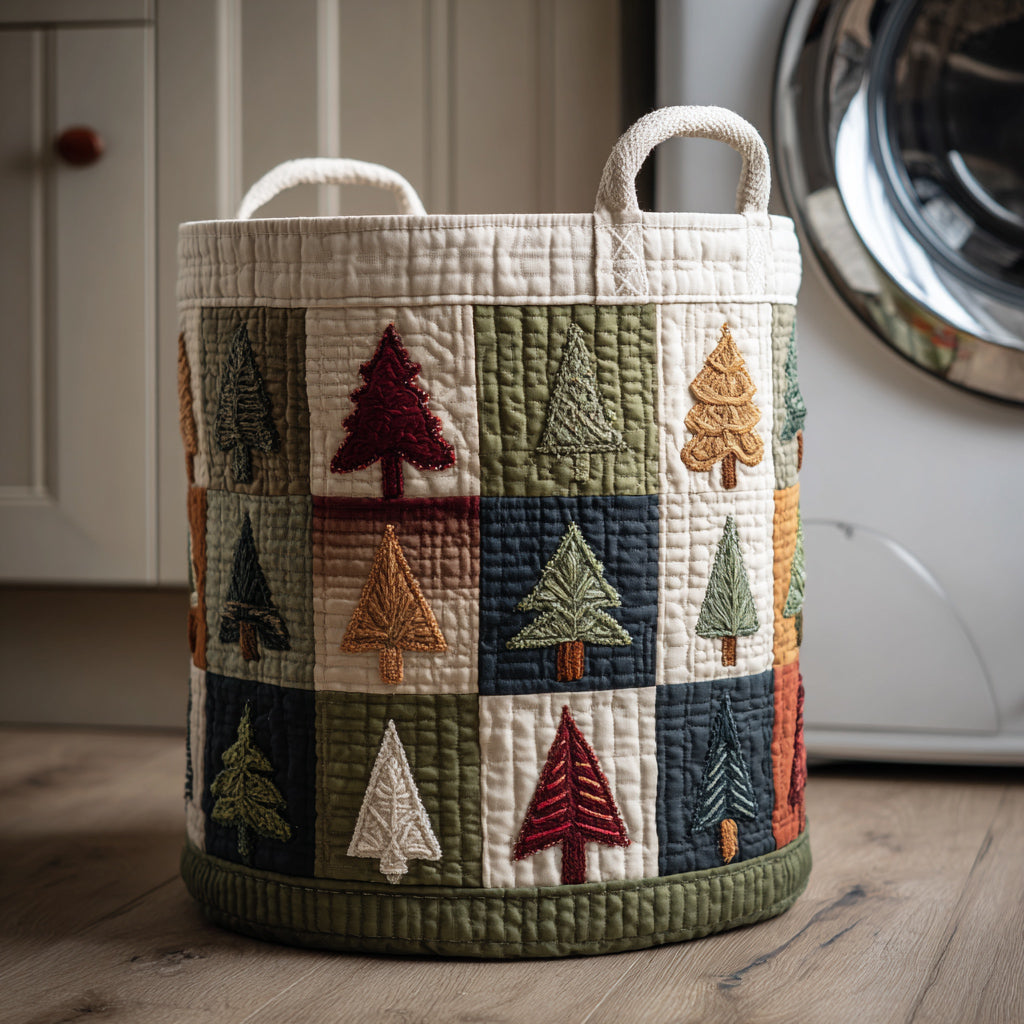 Frosty Christmas Tree Quilted Laundry Basket Large Capacity Quilted Laundry Basket for Clothes Storage