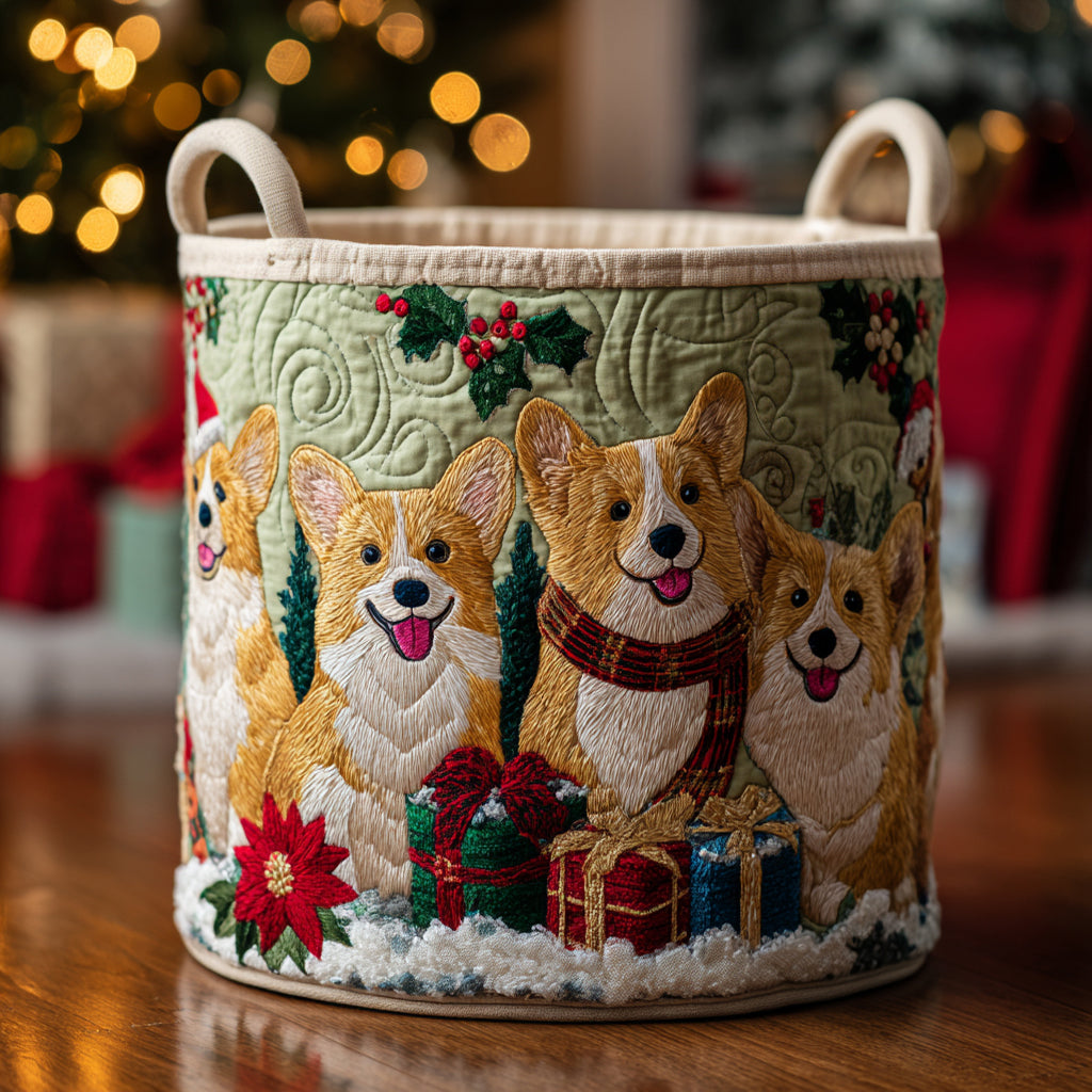 Frosty Corgi Wishes Quilted Laundry Basket Practical Home Storage Gift with Quilted Design