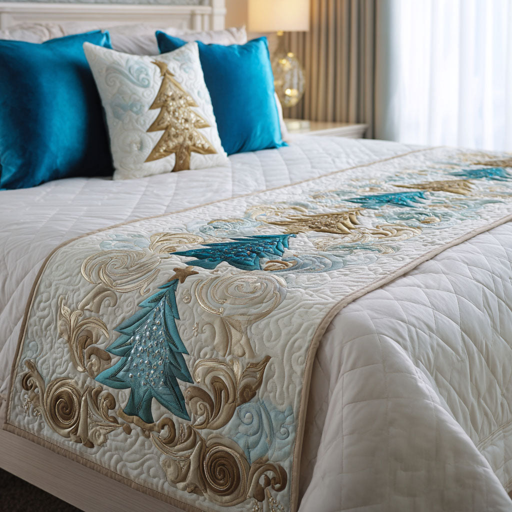 Frosty Evergreen Quilted Bed Runner Bedroom Holiday Decor Family Christmas Gifts