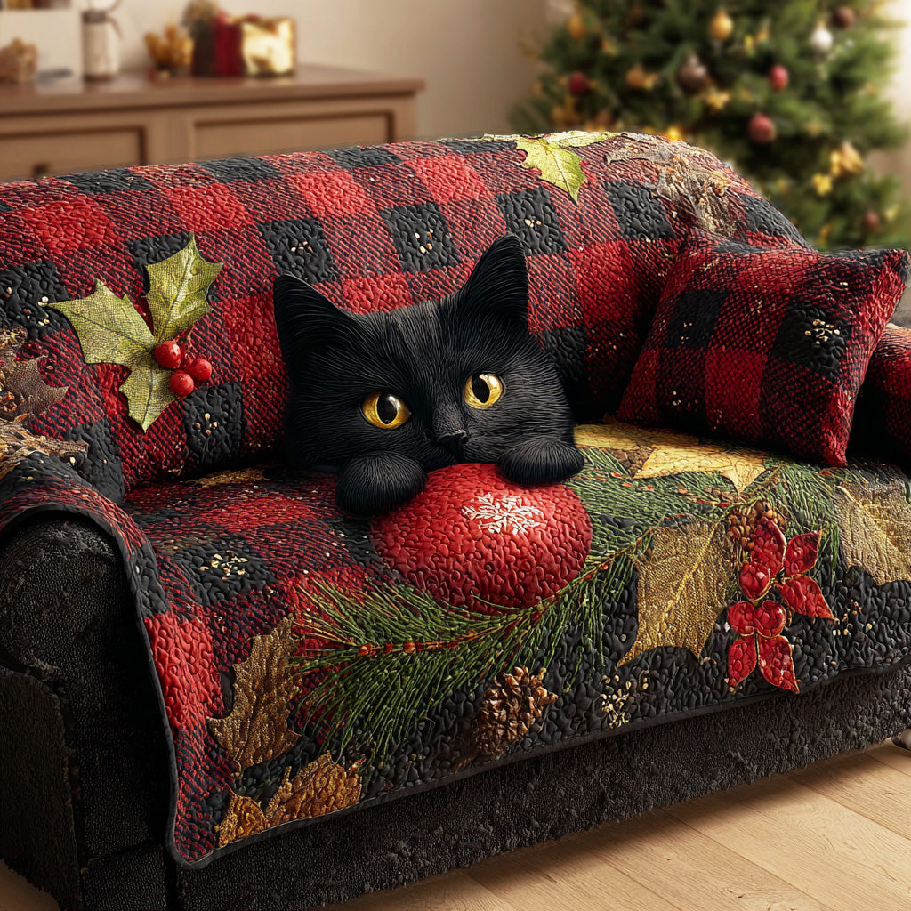 Frosty Feline Magic Quilted Sofa Cover Living Room Winter Decor Cat Christmas Gifts
