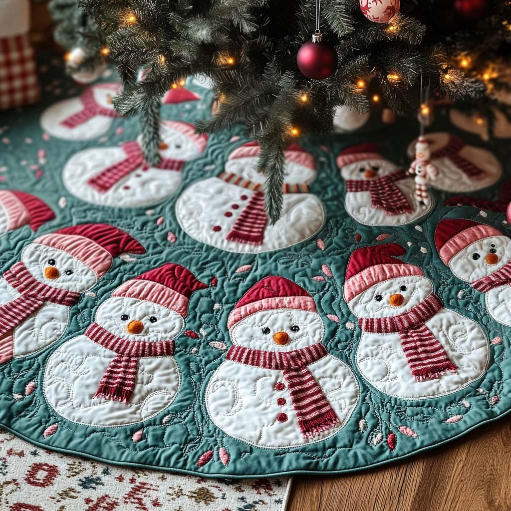 Frosty Festivities Christmas Quilted Tree Skirt Snowman Pattern Holiday Decor Xmas Tree Skirt