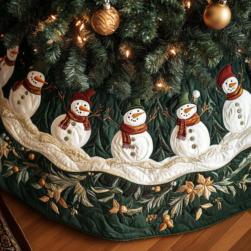 Frosty Festivity Quilted Christmas Tree Skirt Holiday Party Decor for Home