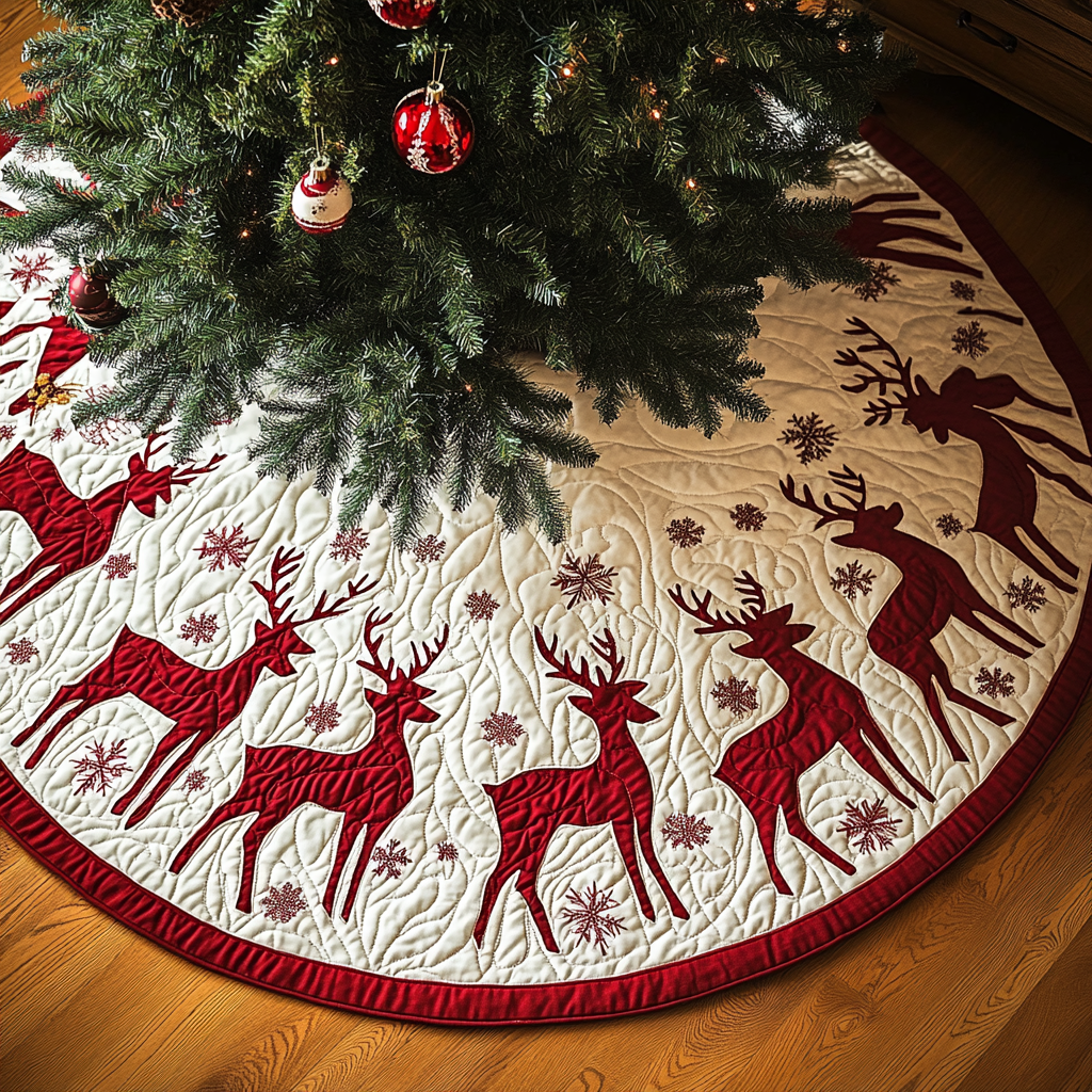 Frosty Forest Flight Christmas Quilted Tree Skirt Classic Red and White Tree Skirt for Traditional Decor