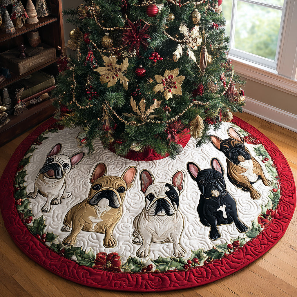 Frosty Frenchie Charm Quilted Christmas Tree Skirt Christmas Tree Skirt Gift That Brings Joy