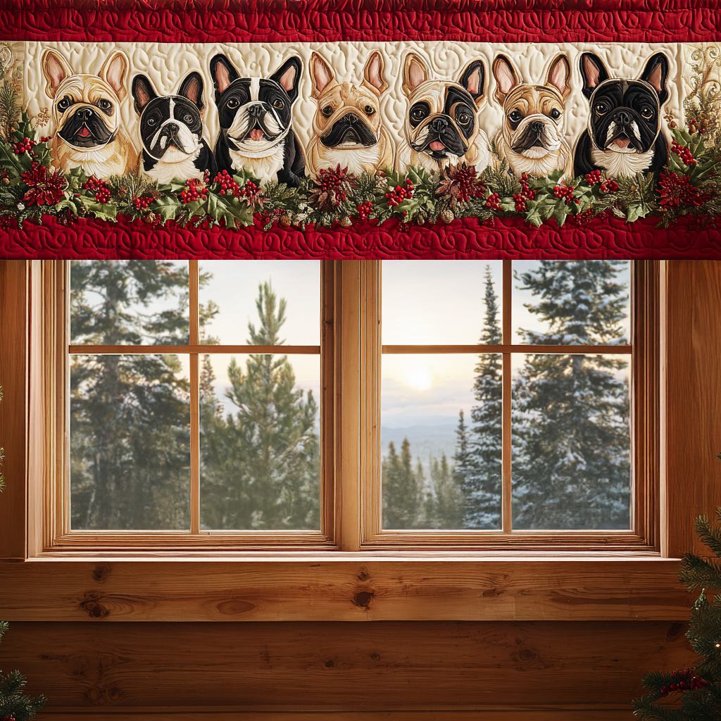 Frosty Frenchie Charm Quilted Valance Dog Quilted Window Valance Xmas Unique Gift for Dog Lovers