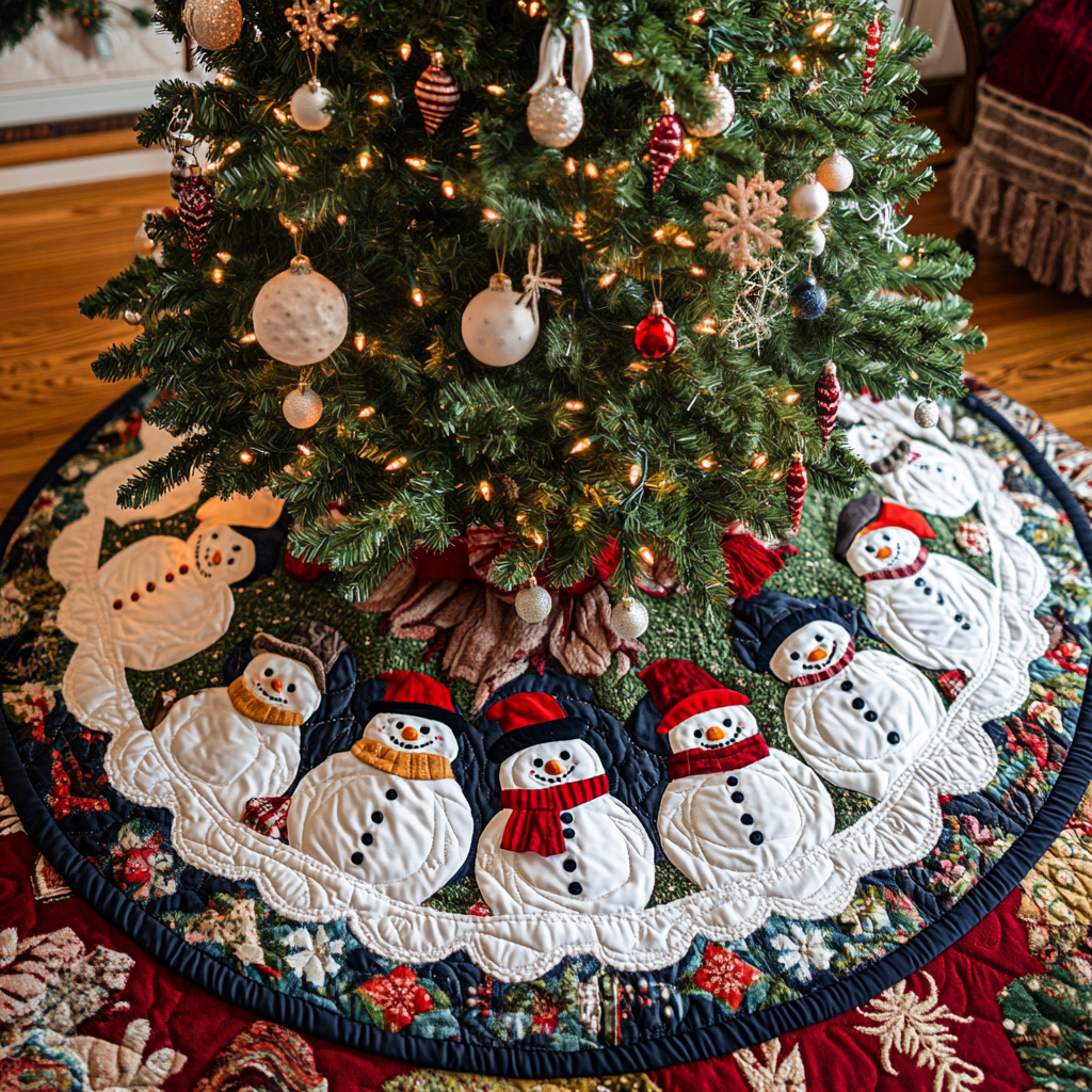 Frosty Friends Christmas Quilted Tree Skirt Cozy Holiday Home Decor