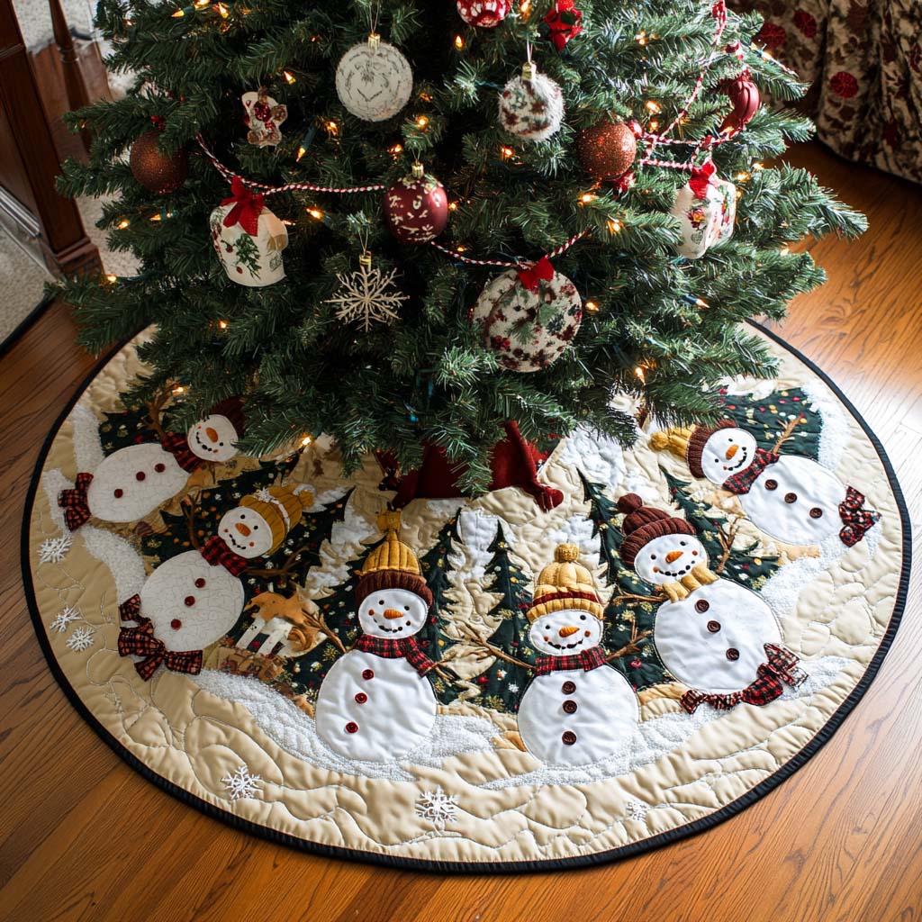 Frosty Friends Christmas Quilted Tree Skirt Xmas Under-Tree Decoration(1)