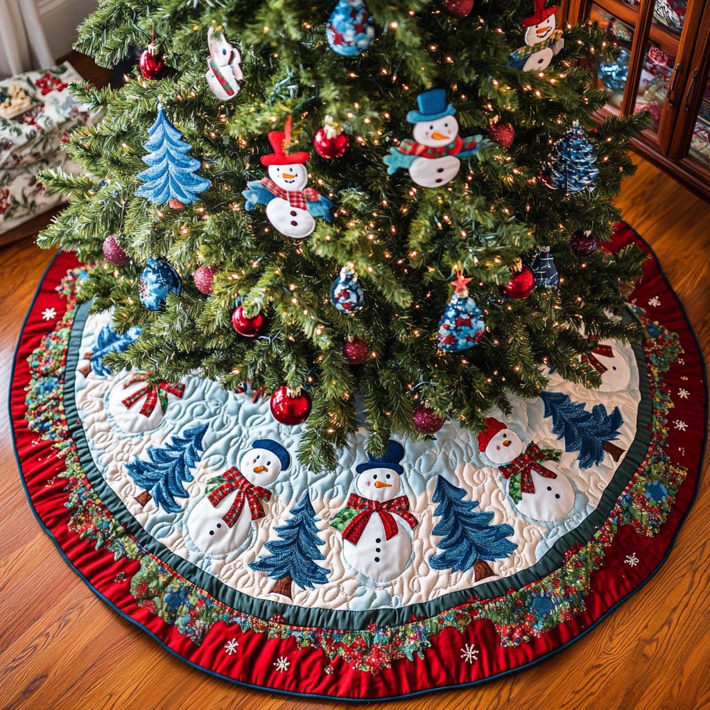 Frosty Friends Christmas Quilted Tree Skirt Xmas Under-Tree Decoration