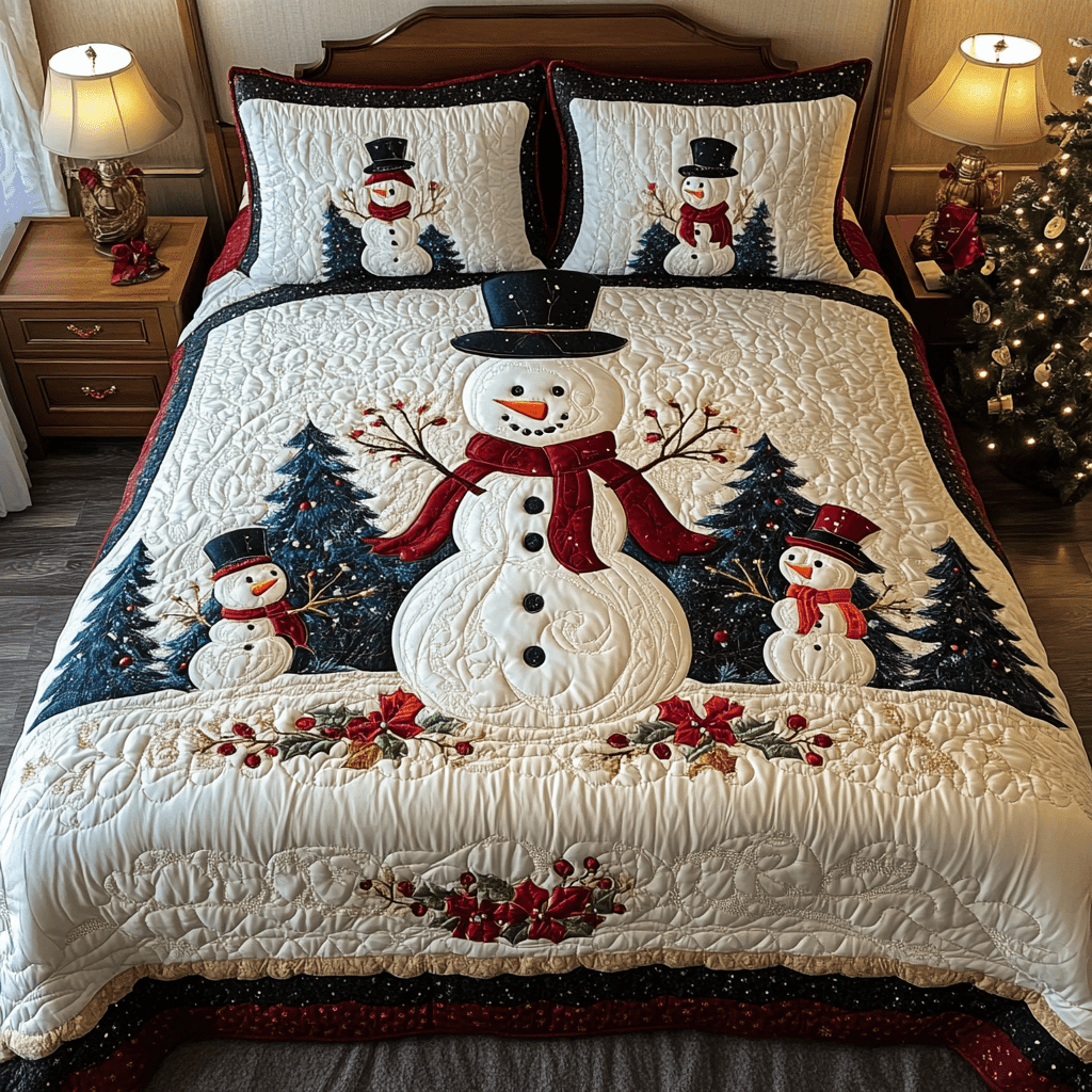 Frosty Friends Quilted Bedding Set Xmas Snowman Bedspread Duvet Snowman Christmas Decorations
