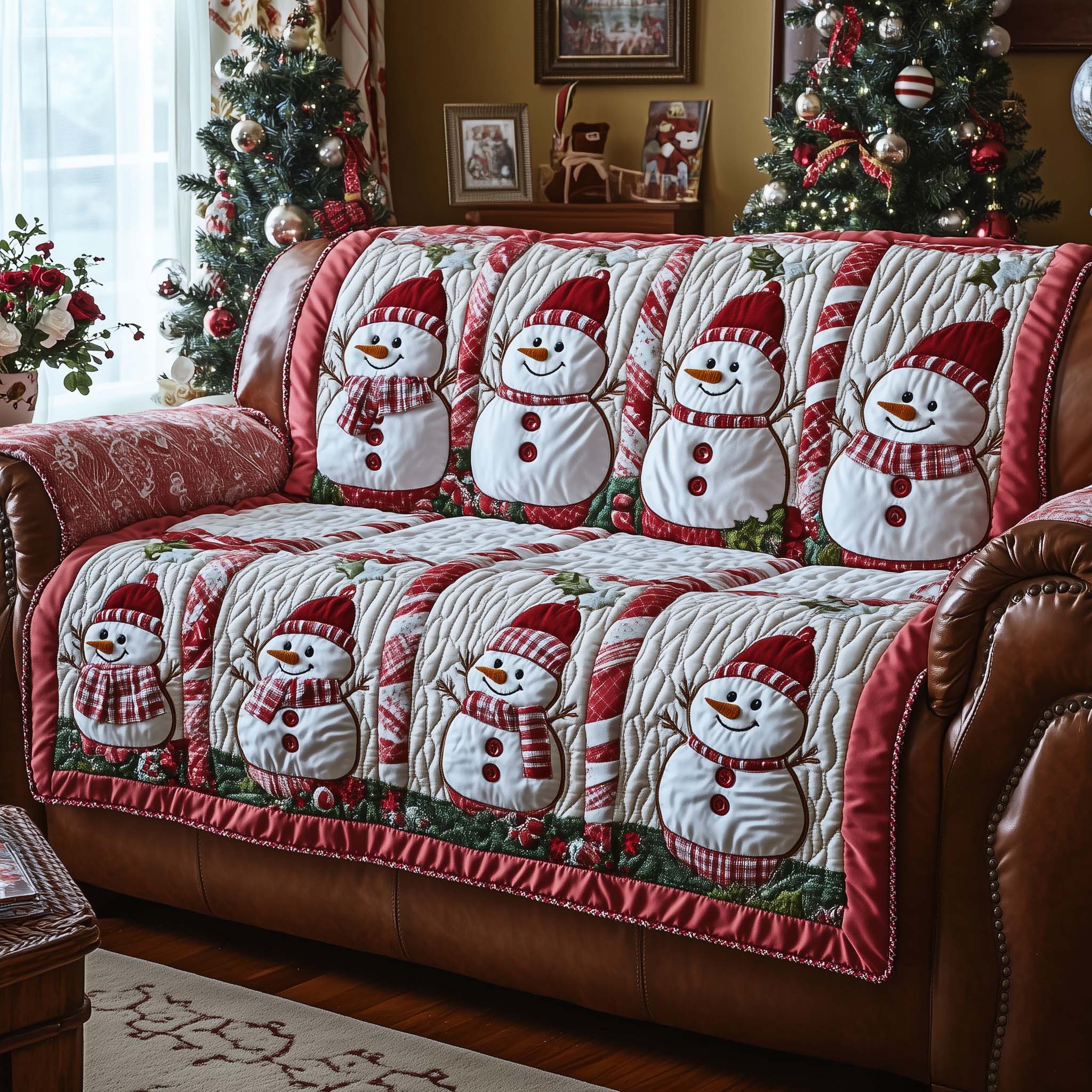 Frosty Friends Quilted Sofa Cover Cute Snowman and Penguin Perfect Gifts For Christmas Holiday