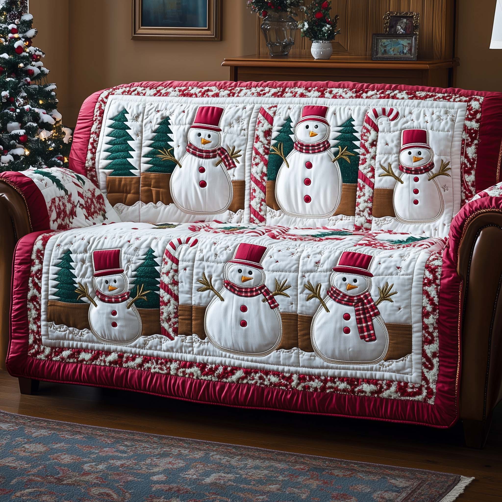 Frosty Friends Quilted Sofa Cover Winter Cartoon Characters Gifts For Christmas Holiday
