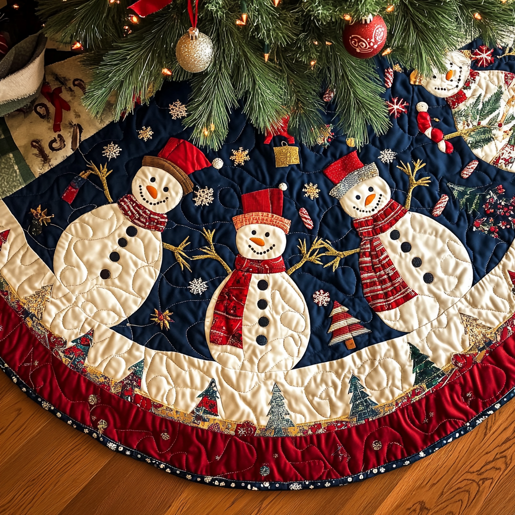 Frosty Frolic Christmas Quilted Tree Skirt Seasonal Gift Merch for Festive Homes